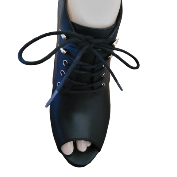 Aldo Black Leather Open Toe Gold Spike Lace Up Booties - Picture 5 of 6